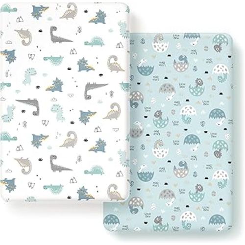 GRSSDER Stretchy Ultra Soft Jersey Knit Fitted Pack n Play Sheets Set 2 Pack, Portable/Mini Crib Sheets for Boys, Universal Fit for Pack N Plays Safe and Snug, Happy Dinosaurs for Baby