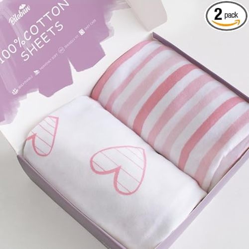 Bassinet Sheets Compatible with Fisher-Price Soothing Motions/Luminate Bassinet and Chicco LullaGo Anywhere Portable Bassinet, 2 Pack, 100% Jersey Knit Cotton Fitted Sheets, Pink Print for Baby Girl