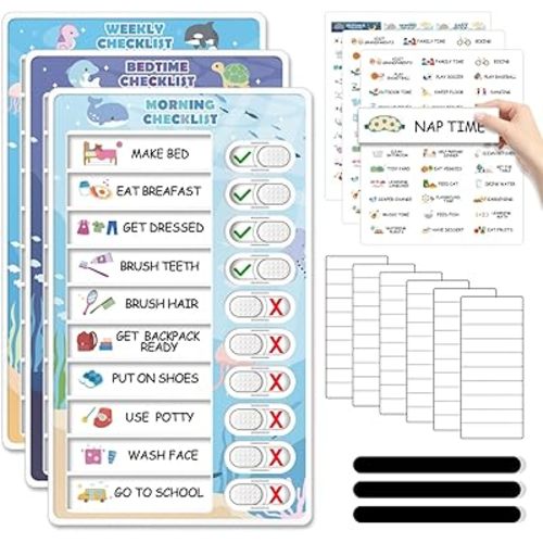 3 in 1 Bedtime/Morning/Weekly Routine Chart for Kids, Magnetic Chore Chart for Toddlers, Visual Schedule for Kids Toddlers Schedule Board for Home