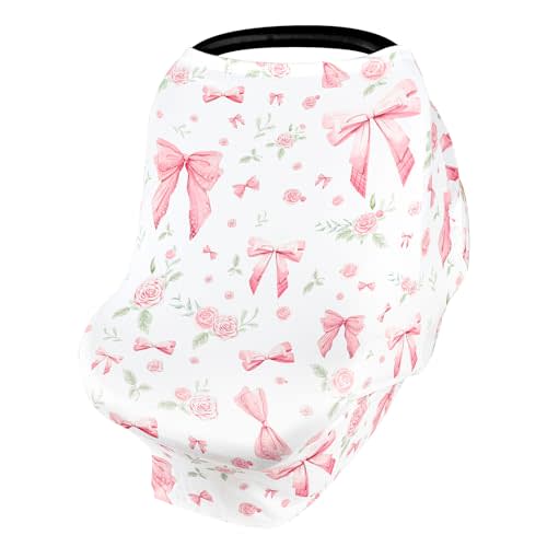Car Seat Cover Baby Girls, All-in-1 Carseat Canopy for Babies, Multi-Use Infant Carrier Cover, Stroller Sun Shade, Nursing Breastfeeding Cover, Comfortable and Machine Washable, Pink Rose