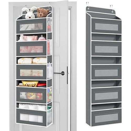 1 Pack 5-Tier Over the Door Organizer with 5 Large Side Pockets, 40lb Ultra Sturdy Large Capacity Behind the Door Storage, Stuffed Animal Storage for Pantry Bathroom Closet Baby Essentials(Grey)