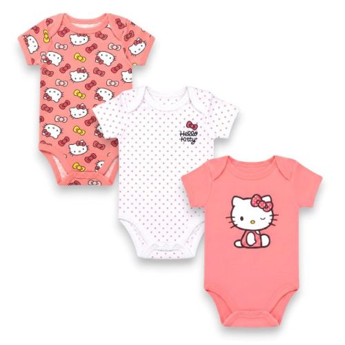 Hello Kitty Infant Girls' 3-Piece Short Sleeve Bodysuit Set, Rose, 3 Months