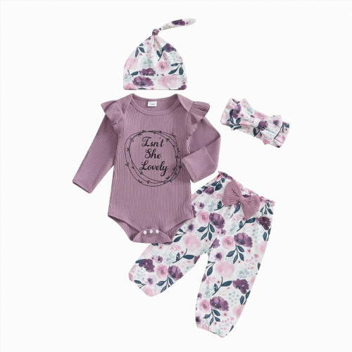 CAUYDY Newborn Baby Girl Clothes Long Sleeve Ruffle Romper Pants Hat Headband 4PCS Outfits Set for Infant 0-3M 3-6M Preemie Girls Fall Winter Spring Summer (Sizes 0-3 Months,Purple)