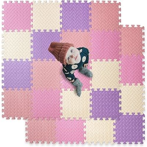 16-Tile Soft & Safe EVA Foam Play Mat for Baby - Square, Solid Colored Kids Puzzle Floor Mat, 47x47 - Purple/Pink/Loli Pink/Beige