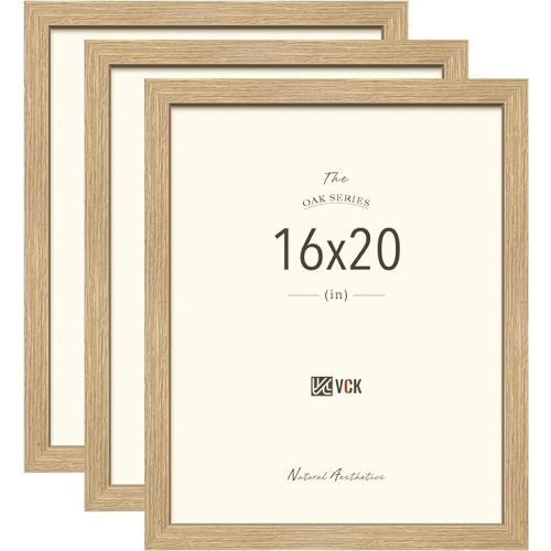 VCK 16x20 Frames Set of 3, Natural Oak Wood 16 x 20 Picture Frame for Photos, Prints and Artwork, Wall Hanging