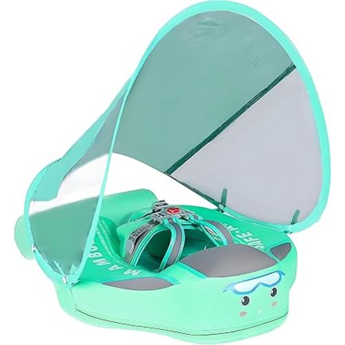 Mambobaby Float Add Tail No Flip Over Non-Inflatable Baby Swim Float Pearl Foam Solid Water Floats Smart Swim Trainer Infant Pool Float Swim Ring with Sun Canopy