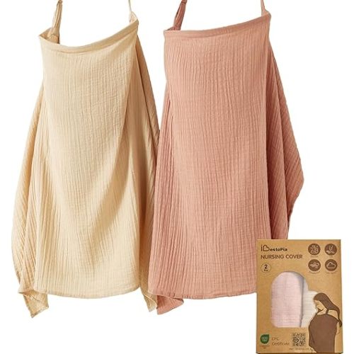 2 Pack Nursing Covers for Breastfeeding, 100% Cotton Muslin, Lightweight & Breathable, Full Coverage with Adjustable Strap (Linen & Dusty Pink)