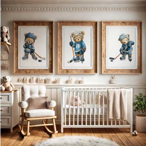 Watercolor Ice Hockey Nursery Prints, Personalized Boys Room Sports Decor, Teddy bear prints, Framed Hockey Gift, Vintage Art