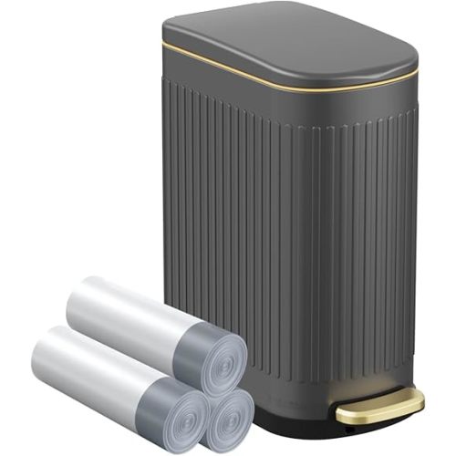 2.6 Gallon Slim Bathroom Trash Can with Soft Close Lid, 10L Stainless Steel Garbage Can with Removable Liner Bucket, for Narrow Spaces, Bathroom, Bedroom (Gray)