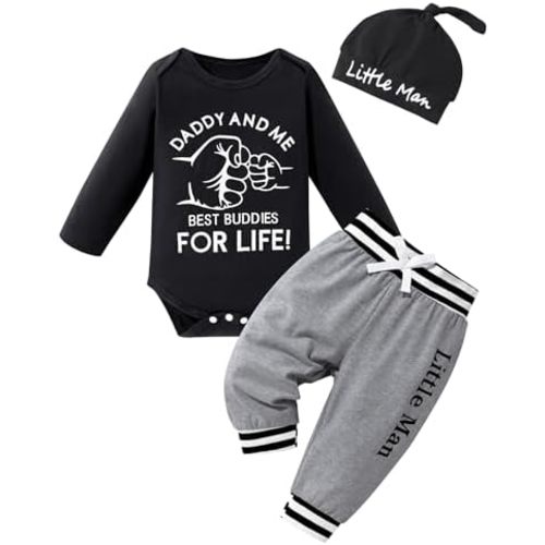 TUEMOS Newborn Infant Baby Boy Clothes Letter Print Romper Pants Set Hat 3PC Outfits Set