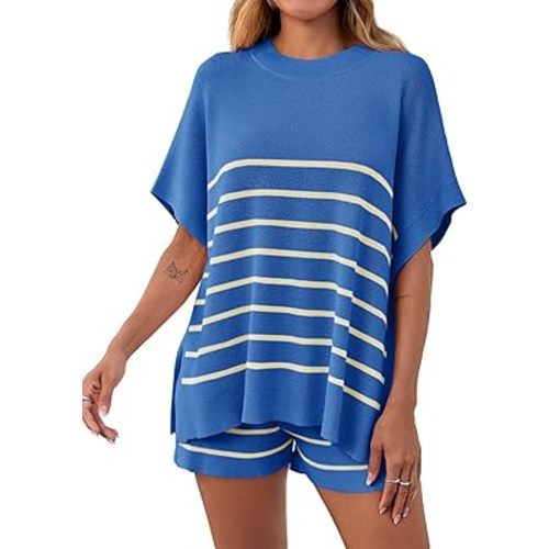 Fisoew Women's Striped 2 Piece Outfits Oversized Batwing Short Sleeve Tops High Waisted Shorts Summer Knit Lounge Short Sets