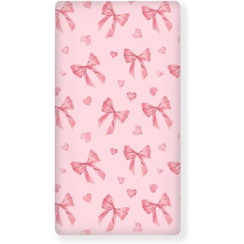 Pink Bow Baby Crib Sheets for Boys Girls Cute Breathable Soft Mini Fitted Crib Sheet for Standard Toddler Mattress 52x28x8 in