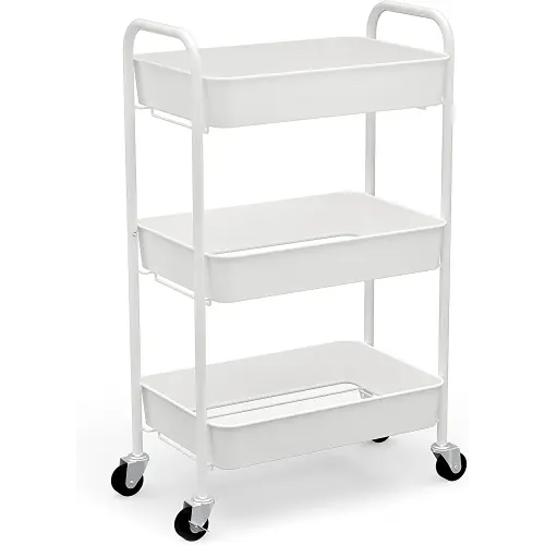 CAXXA 3-Tier Rolling Metal Storage Organizer - Mobile Utility Cart Kitchen Cart with Caster Wheels, White