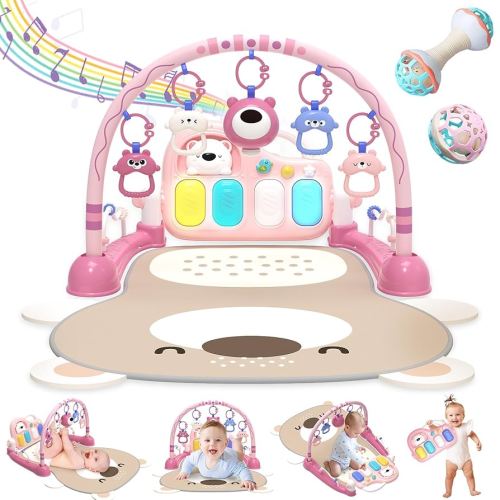 Baby Play Mat Baby Gym for Floor,Kick and Play Piano Mat Gym, Tummy Time Baby Activity Mat with 7 Infant Sensory Baby Toys, Music and Lights Boy & Girl Gifts for Newborn Baby 0 3 6 9 12 Months (Pink)