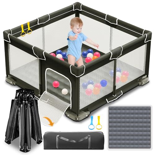 ICAREWAY Foldable Playpen for Babies and Toddlers, 50x50 Inches Portable Playpen, Kids Collapsible Play Pen with 2 Handlers, Indoor & Outdoor Baby Fence Play Area with Visible Mesh, Black