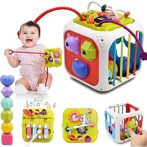 AiTuiTui Baby Sensory Montessori Toy for Boy Girl, 7 in 1 Multi-Function Early Educational Learning Toy with Shape Sorter, Stacking Blocks for Toddler Easter Birthday Gifts Christmas Stocking Stuffers