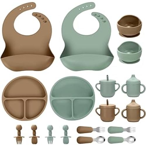 Silicone Baby Feeding Set, 18PCS Baby Led Weaning Supplies, Eating Essentials Utensils with Suction Plate and Bowl, Adjustable Silicone Bib, for 6+ Months (Green+Brown)