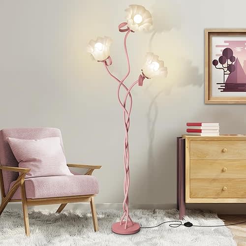 Flower Standing Lamp for Bedroom, Cute Corner Floor Lamp with Flexible Gooseneck, 3 Light Floor Reading Lamp with 3 Color Temperatures, Bulbs Included, Tall Floor Lamp for Living Room Corner(Pink)