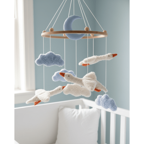 Goose Baby Mobile | Bouclé Goose Nursery Mobile with Clouds & Moon