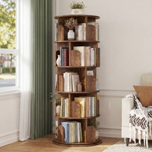 Besiost Rotating Bookcase, 360 Display Corner Bookshelf for Small Space-Brown