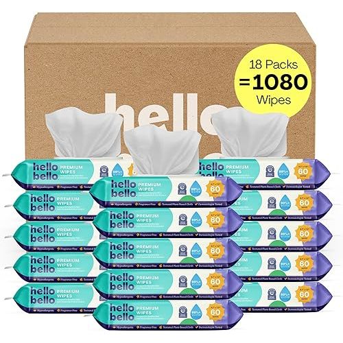 Hello Bello Premium Fragrance-Free Baby Wipes, with Chamomile & Aloe Extracts for Sensitive Skin - 18 Resealable Packs = 1080 Total Wipes