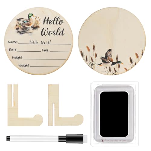 Mallard Duck Baby Stuff, Duck Baby Announcement Sign with Marker Pen,5.9in Round Wooden Hello World Newborn Signs,with Ink Pad for Hand and Footprints, Babies Photo Prop,Nursery Decor Keepsake Gifts