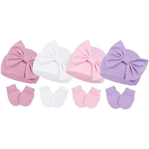 Newborn Baby Girl Hats and Mittens Set, Hospital Hat, Bow Beanie Infant Gift, Soft Cotton Gloves for 0-6 Months