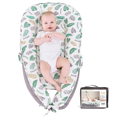 Baby Lounger - Baby Lounger for Newborn 0-24 Months Infant Lounger for Home and Travel Soft Cotton Baby Nest Lounger Newborn Babies Essentials Gifts Green Feather (Lounger Cover Included)