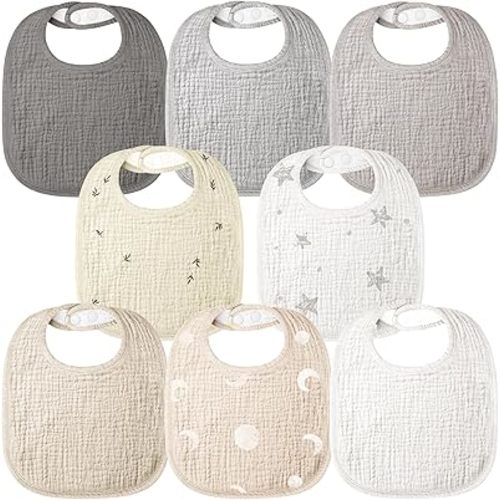 Bearmoss Muslin Baby Drooling Bibs 8 Pack, 100% Cotton Square Adjustable Bandana Bibs for Baby Girls Boys Teething Drool (Apricot Ash)