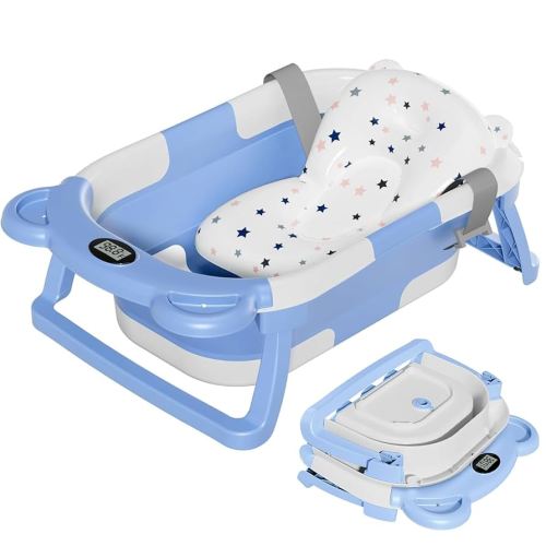 TPN Collapsible Baby Bathtub, Baby Bath Tub with Soft Cushion & Real-Time Thermometer, Baby Bathtub Infant to Toddler Tub (0-36 Months), Portable Travel Baby Tubs for Newborns (Blue)