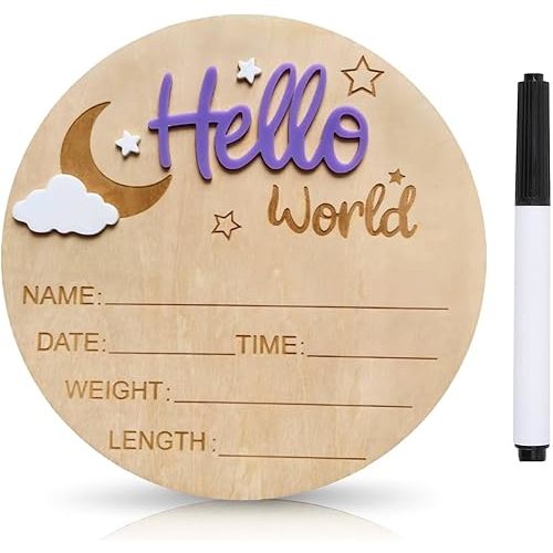 Baby Announcement Sign, 5.9 Inch Wooden Hello World Newborn Signs, Birth Announcement Sign and Pen, Moon and White Cloud Decoration, Welcome Newborn Arrival to World, Hospital Nursery for baby (Purple)