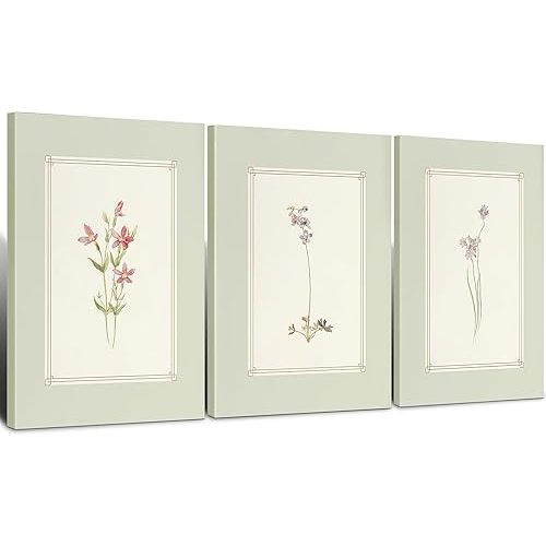 RZIGERNO 3pcs Simple Vintage Floral Botanical Canvas Wall Art Natural Plant Flower Painting Print Farmhouse Wall Decor Artwork Poster for Gallery Bedroom Living Room Office 12x16 Inch Ready to Hang