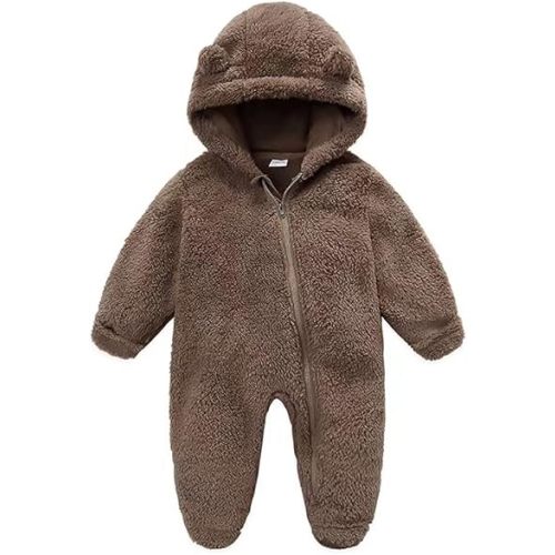 UVIPC Newborn Baby Fleece Footie Snowsuit Winter Onesie Cartoon Bear Warm Hooded Outfits for Girls Boys - Dark Brown - 0-3Months