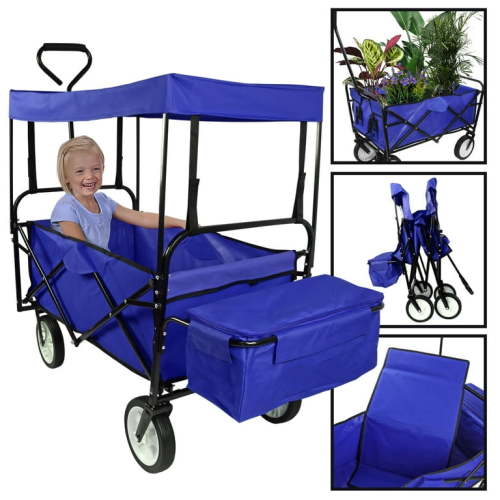 Geniqua Blue Utility Collapsible Folding Wagon Cart w/Canopy Garden Beach Toy Sport Buggy