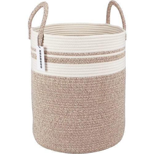 Cotton Rope Laundry Basket Hamper for Clothes Woven Storage Basket for Living Room Bedroom Boho Tall Rope Baskets for Blanket Toys Pillow Towels Baby Nursery Hamper Bin Large brown and white