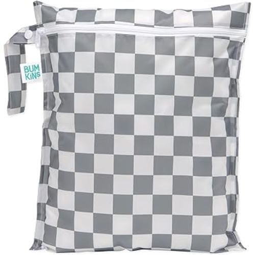 Bumkins Waterproof Wet Bag for Baby, Travel, Swim Suit, Cloth Diapers, Pump Parts, Pool, Beach, Gym Clothes, Toiletry, Hook to Stroller, Daycare, Zipper Reusable Wetdry Packing Pouch, Gray Check
