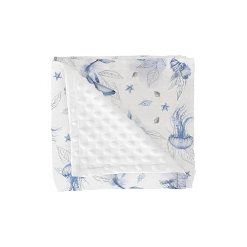 Boho Sea Whale Baby Blanket for Girl Boy Blue Maritime Whales Jellyfish Shells Leaves Soft Mink Dotted Backing Double Layer Swaddle Blanket Ocean Animal Bed Throws for Newborn Toddler Crib 30x40