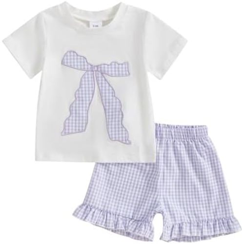 Toddler Baby Girl Short Outfit Bow Embroidery Short Sleeve Cotton T-Shirt Gingham Plaid Shorts 2Pcs Summer Clothes