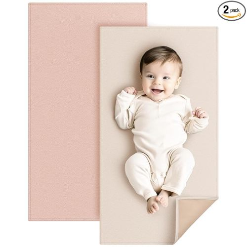 Konssy Faux Leather Baby Changing Mat, Waterproof, Wipeable & Portable Diaper Changing Pad for Travel or Home, Fits Perfectly in Diaper Bag, 30 x 17 inches (Blush,Beige)