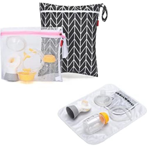 Damero Breast Pump Parts Bag, Wet Dry Breast Pump Parts Bag, Pumping Bag with Waterproof Mat and Mesh Bag, Black Arrow