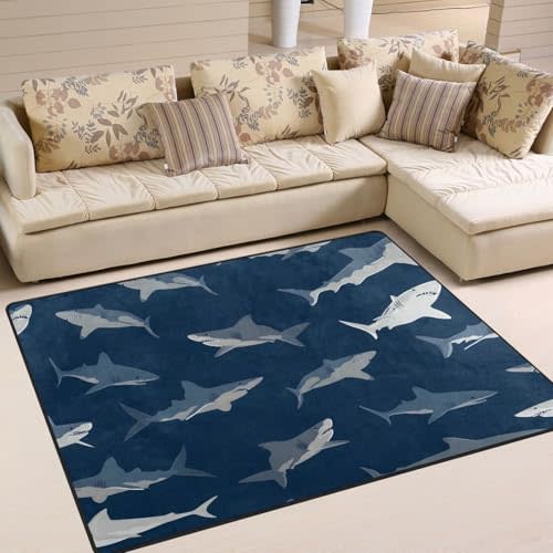 ALAZA Blue Cartoon Shark Print Area Rug Rugs for Living Room Bedroom 4'10" x 6'8"