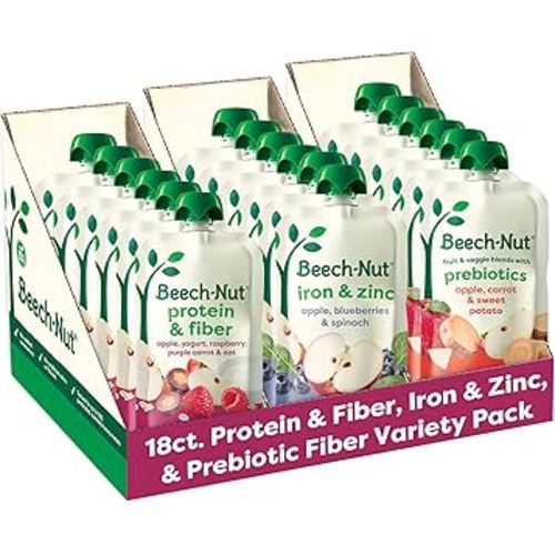 Beech-Nut Baby & Toddler Food Pouches Variety Pack, Protein & Fiber/Iron & Zinc/Prebiotic Fiber Fruit & Veggie Purees, 3.5 oz (18 Pack)