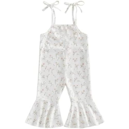 Toddler Girl Floral Flare Jumpsuit Infant Baby Summer Outfit Sleeveless Tie Up Wildflower Print Waffle Romper Overalls