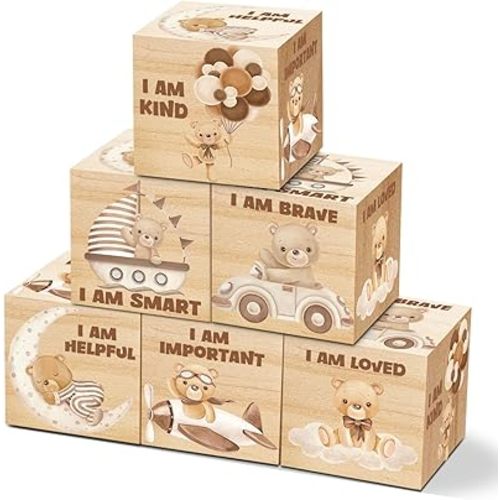 6Pcs Cute Bear Nursery Decor, I am Brave Kind Bedroom Tabel Decorations for Baby, Classic Bear Themed Wooden Art Decor, Baby Shower Party Supplies, 1.6 * 1.6IN