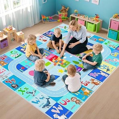 BATATADOCE Alphabet Rug for Classroom - 5x7 Feet ABC Rugs for Kids Playroom Educational Rug for Learning Alphabet,Numbers,Colors,Season and Animal Words Kids Play Mat for Classroom Bedroom,Blue