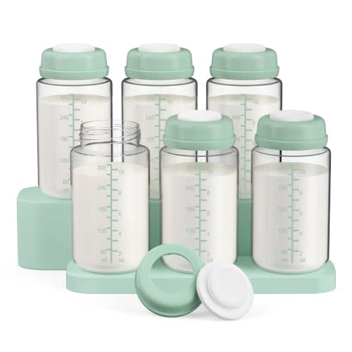 6 Pack 10oz Wide-mouth Breastmilk Storage Bottle for Momcozy 22oz Portable Breast Milk Cooler, Pumping Storage Containers Compatible with Spectra S1/S2/9 Plus/SG/Motif Luna (6PC/Green Lids)