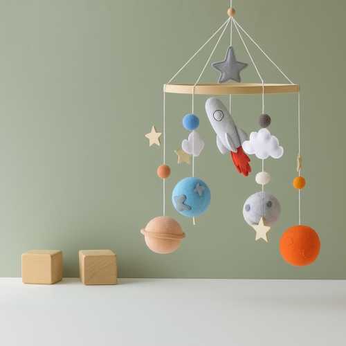 Space Themed Baby Mobile l Handmade Felt Rocket & Planet Nursery Decor l  Montessori Baby Shower Gift l Gender Neutral Crib Mobile