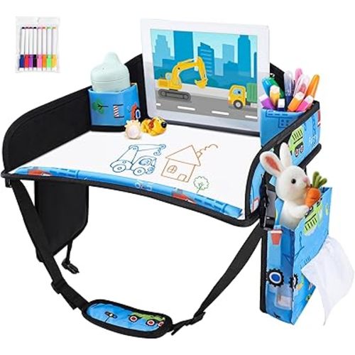 Kids Travel Tray, Kids Travel Trays for Car Seat, Road Trip Essentials for Toddler, Carseat Lap Tray with Dry Erase Board & Storage Organizer for Road Trip Activities for Kid, Light Blue