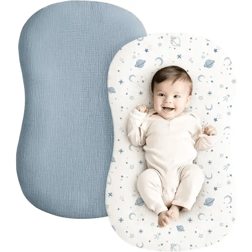 Konssy Muslin Baby Lounger Cover 2 Pack, 100% Cotton Newborn Lounger Cover, Soft and Breathable Baby Nest Slipcover for Boys Girls (Star,Blue)