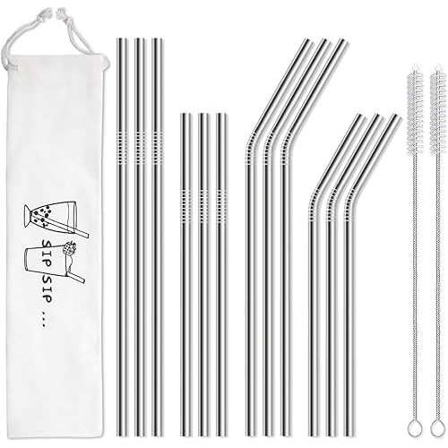 Hiware 12-Pack Reusable Stainless Steel Metal Straws with Case - Long Drinking Straws for 30 oz and 20 oz Tumblers Dishwasher Safe - 2 Cleaning Brushes Included